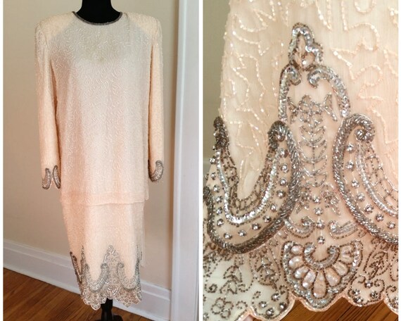 vintage 1920s/ 1930s formal gown, pink beaded even