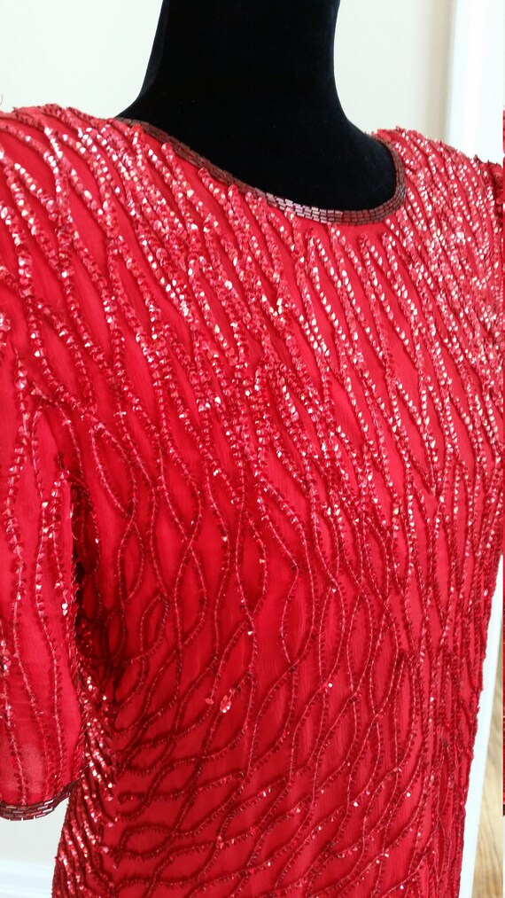 80s prom dress, beaded silk dress, red party dres… - image 6