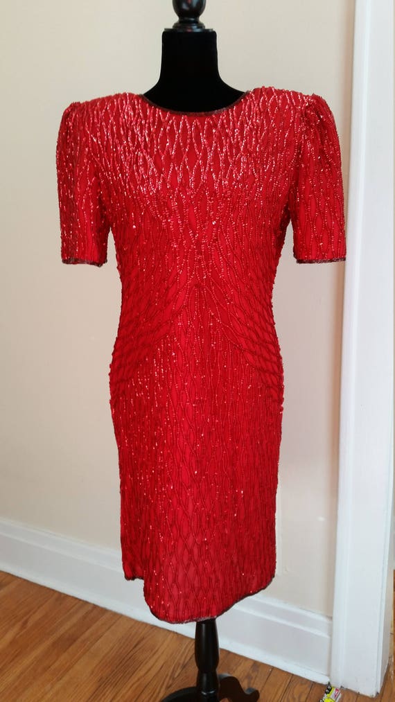 80s prom dress, beaded silk dress, red party dres… - image 2