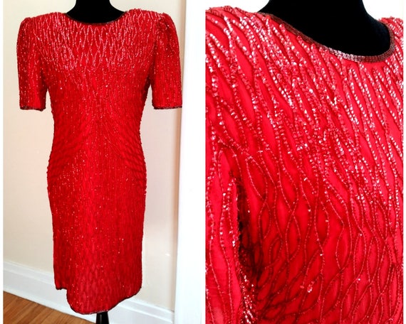 80s Prom Dress Beaded Silk Dress Red Party Dress Short Etsy