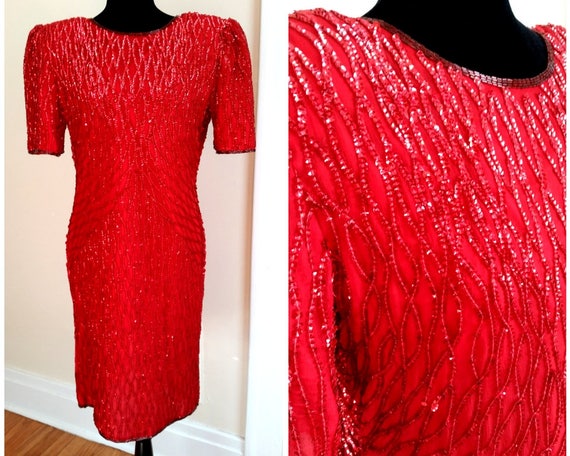 80s prom dress, beaded silk dress, red party dres… - image 1