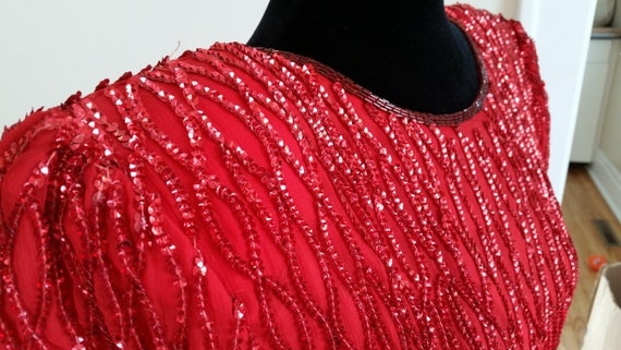 80s prom dress, beaded silk dress, red party dres… - image 8