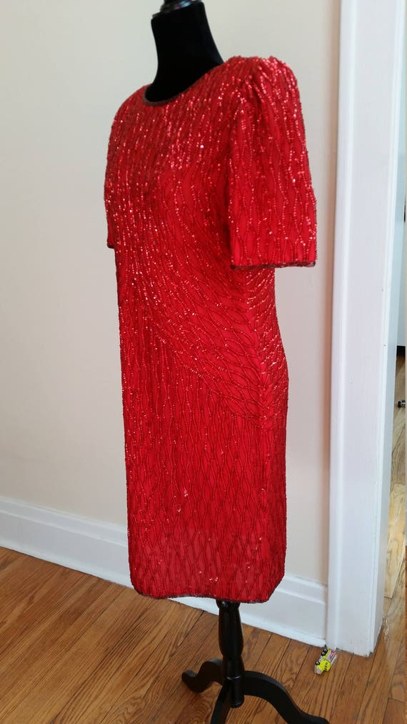 80s prom dress, beaded silk dress, red party dres… - image 5