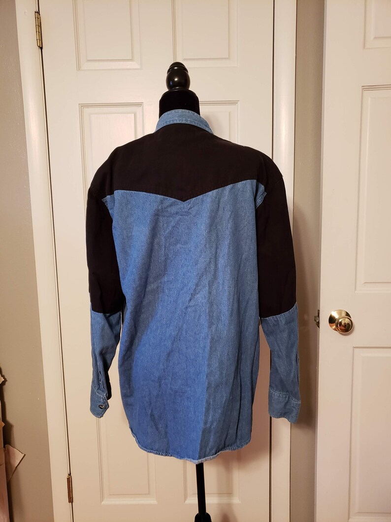 western denim shirt western cut shirt vintage patchwork denim shirt western button up shirt mens large shirt faded blue and black denim