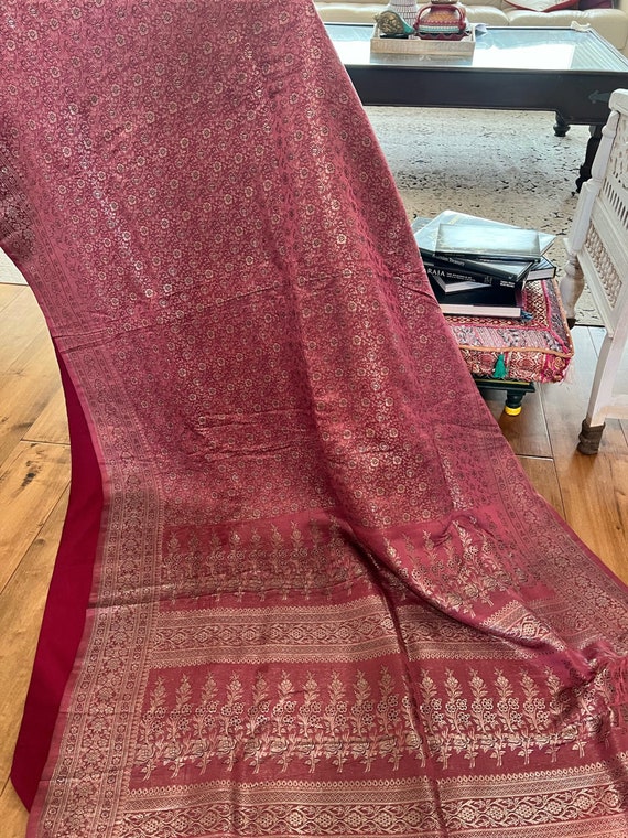 Namaste Vintage Beige Sari 100% Puro Seta Stampa Indian Sari 15ft
