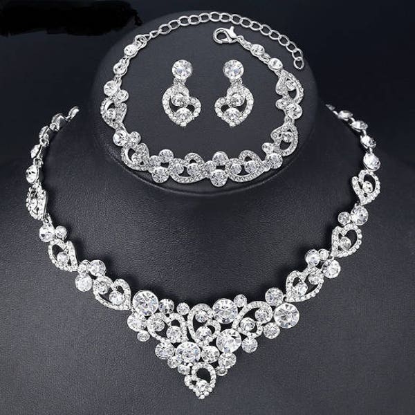 Rhinestone, Crystal, CZ necklace set with bracelet, wedding bridal jewelry set costume