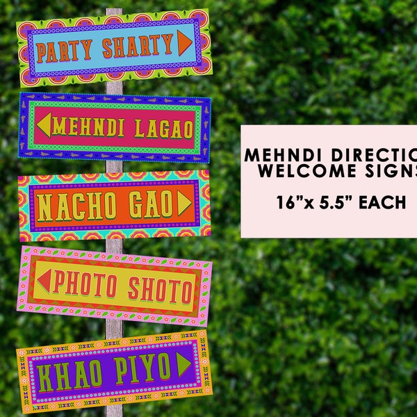 Indian Mehndi Direction Sign Welcome Signs, Indian Welcome Sign, Mehendi Decorations, Indian Wedding Decor, Colorful Directional Signs PNG