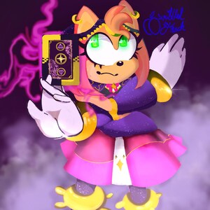 May include: A pink and purple cartoon character with green eyes and a gold headband holds a card with a star and diamonds on it. The character is wearing a purple and pink dress with gold accents and is surrounded by a purple and pink mist.