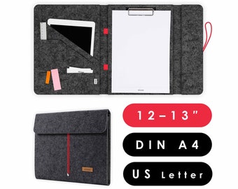 Dokumentenmappe mit Klemmbrett passend für A4-Dokumente sowie Tablet & Laptop bis 13 Zoll, Büromappe aus Filz dunkelgrau-dunkelgrau (HUGGO)