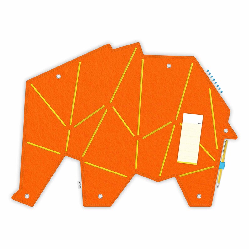 Elephant pin board for sticking & pinning made of felt, animal pin board for children or animal lovers, modern pin board for children's rooms ELE orange-gelb