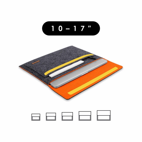 Tablet- & Laptop-Hülle aus Filz in dunkelgrau-orange mit Klettverschluss in 5 Größen, Sleeve für Notebook  Laptops von 10 bis 17 Zoll (ESMA)