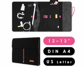 A4 organizer folder made of felt with many compartments, suitable for tablets and laptops up to 13 inches, travel organizer black-dark grey (KOCO L)