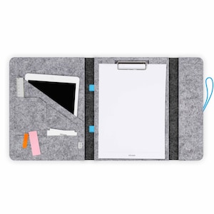 Document folder with clipboard suitable for A4 documents as well as tablet & laptop up to 13 inches, office folder made of felt in dark grey-light grey HUGGO image 2