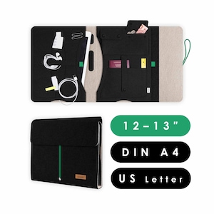 Cartella organizer A4 in feltro con molti scomparti, adatta per tablet e laptop fino a 13 pollici, organizer da viaggio in nero e beige (KOCO L)