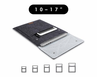 Notebook felt cover for tablets & laptops with snap fasteners in dark grey-light grey, slip-in cover for iPad in 5 sizes, 10 to 17 inches (ENNO)