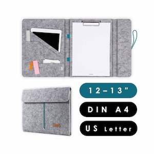 Document folder with clipboard suitable for A4 documents as well as tablet & laptop up to 13 inches, office folder made of felt in light grey-light grey (HUGGO)