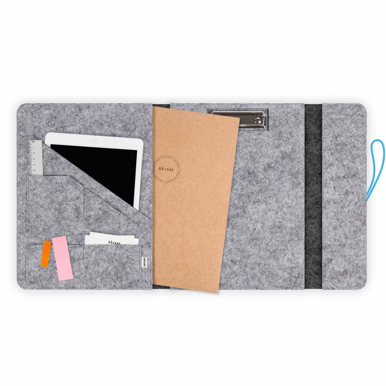 Document folder with clipboard suitable for A4 documents as well as tablet & laptop up to 13 inches, office folder made of felt in dark grey-light grey HUGGO image 3