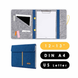 Document folder with clipboard suitable for A4 documents as well as tablet & laptop up to 13 inches, office folder made of felt in dark blue-light grey (HUGGO)