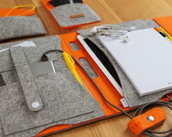 Business organizer made of felt suitable for A5 documents and tablets up to 11 inches, tablet organizer in light grey-orange (KORA M)