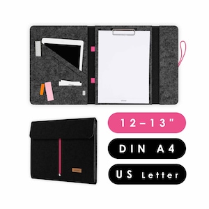 Document folder with clipboard suitable for A4 documents as well as tablets and laptops up to 13 inches, felt office folder in black and dark grey (HUGGO)