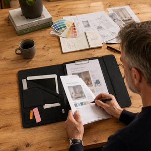 Document folder with clipboard suitable for A4 documents as well as tablets & laptops up to 13 inches, felt office folder black-black (HUGGO)