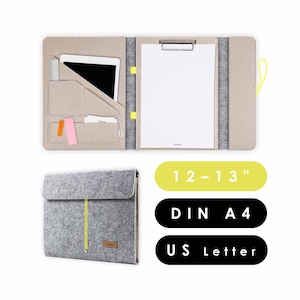 Document folder with clipboard suitable for A4 documents as well as tablets and laptops up to 13 inches, office folder made of felt in light grey-beige (HUGGO)