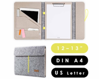 Document folder with clipboard suitable for A4 documents as well as tablets and laptops up to 13 inches, office folder made of felt in light grey-beige (HUGGO)