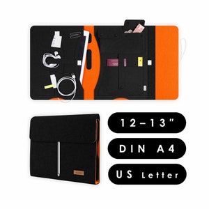 Cartella organizer A4 in feltro con molti scomparti, adatta per tablet e laptop fino a 13 pollici, organizer da viaggio in nero-arancione (KOCO L)