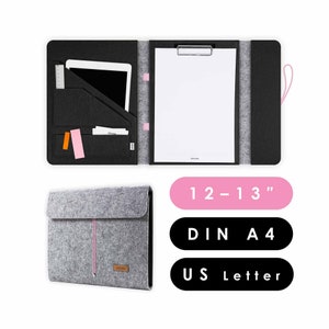 Document folder with clipboard suitable for A4 documents as well as tablets and laptops up to 13 inches, office folder made of felt in light grey-black (HUGGO)