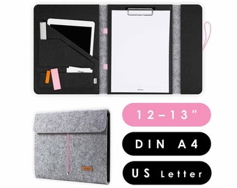 Document folder with clipboard suitable for A4 documents as well as tablets and laptops up to 13 inches, office folder made of felt in light grey-black (HUGGO)