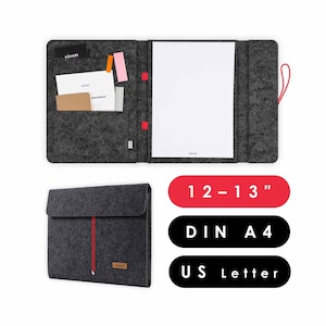 May include: A dark grey felt document holder with a red closure cord. The open holder displays a white sheet of paper and several pockets with small items. The closed holder is shown below. The holder is designed for 30.5-33 cm documents.