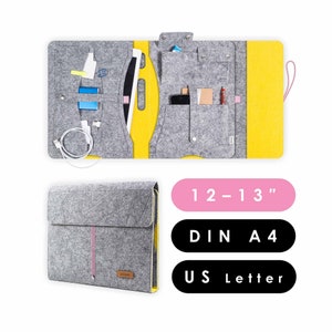 Cartella organizer A4 in feltro con molti scomparti, adatta per tablet e laptop fino a 13 pollici, organizer da viaggio in grigio chiaro-giallo (KOCO L)