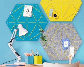 Memo board for sticking and pinning in hexagon shape, modern vision board for the office, cool kitchen pin board, colored pin board for children's room (HEX)