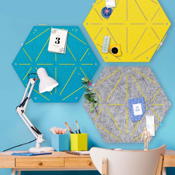 Memoboard zum Stecken & Pinnen in Hexagon-Form, modernes Visionboard fürs Büro, coole Küchen-Pinnwand, farbiges Pinboard Kinderzimmer (HEX)