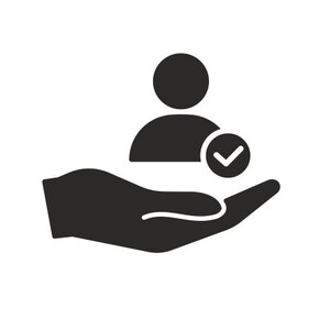 Peut inclure: Une silhouette noire d'une main tenant une personne avec une coche, symbolisant la satisfaction et le soutien de la clientèle.