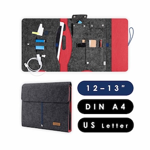 Cartella organizer A4 in feltro con molti scomparti, adatta per tablet e laptop fino a 13 pollici, organizer da viaggio in grigio scuro-rosso (KOCO L)