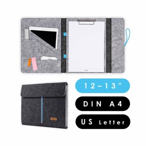 Document folder with clipboard suitable for A4 documents as well as tablet & laptop up to 13 inches, office folder made of felt in dark grey-light grey (HUGGO)