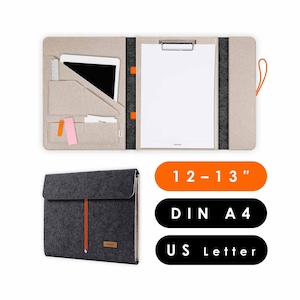 Document folder with clipboard suitable for A4 documents as well as tablets and laptops up to 13 inches, felt office folder in dark grey-beige (HUGGO)