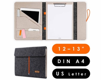 Cartella portadocumenti con portablocco adatta per documenti A4, tablet e laptop fino a 13 pollici, cartella da ufficio in feltro in grigio scuro-beige (HUGGO)