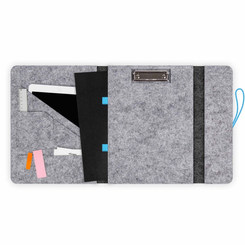 Document folder with clipboard suitable for A4 documents as well as tablet & laptop up to 13 inches, office folder made of felt in dark grey-light grey HUGGO image 4