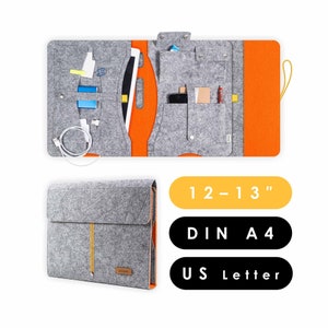Cartella organizer A4 in feltro con molti scomparti, adatta per tablet e laptop fino a 13 pollici, organizer da viaggio in grigio chiaro-arancione (KOCO L)