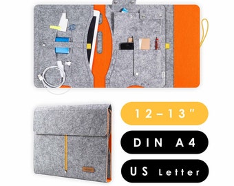 A4 organizer folder made of felt with many compartments, suitable for tablets and laptops up to 13 inches, travel organizer in light grey-orange (KOCO L)