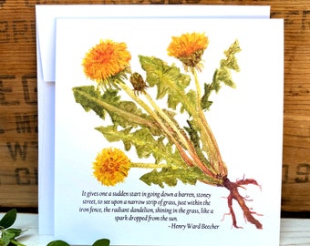 Dandelion card, Henry Ward Beecher dandelion quote, botanical illustration card, watercolor greeting card, blank note card, poetry card