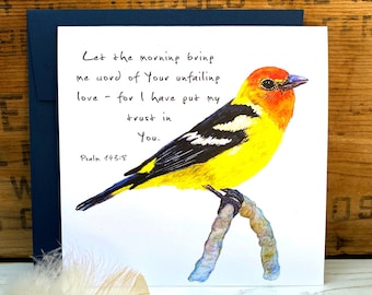 Bird Christian card, Psalm 143 Bible verse card, greeting card encouragement, Christian gift, blank card, western tanager, scripture card
