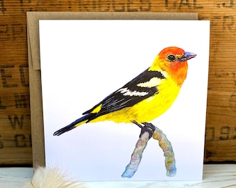 Western Tanager greeting card with envelope, bird card, watercolor notecard, blank art card, bird lover gift, wildlife card, illustration