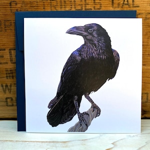 Raven card, crow card, greeting card with envelope, notecard, blank art card, bird card, bird lover gift, wildlife card Nautical blue linen