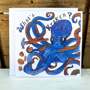 Kraken Illustration Grußkarte mit Umschlag, ich denke an dich Wortspiel Karte, Kunst Karte, wunderliche Aquarell Notizkarte, leere Freunde Karte, Zitat