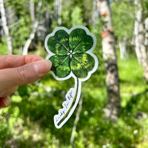 Four leaf clover sticker, waterproof botanical vinyl decal, plant laptop sticker, stocking stuffer, water bottle sticker, car sticker