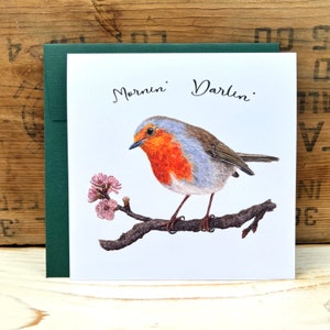 Mornin' Darlin' quote Robin greeting card with envelope, bird card, watercolor bird notecard, blank art card, bird lover gift wildlife card Forest green linen