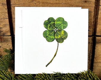Four-leaf clover greeting card, clover botanical watercolor illustration art card, blank notecard, St. Patrick's Day card, Ireland card